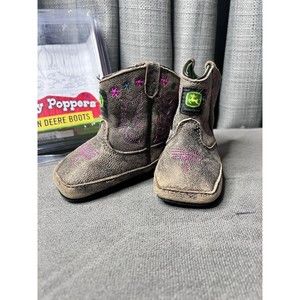 John Deere Infant Johnny Popper Boots Size 3M 6-9 months Stitching Brown Pink